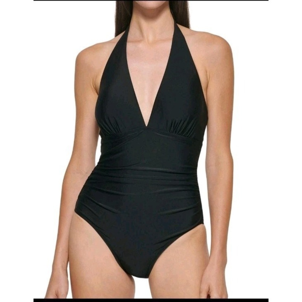 EUC DKNY Swimsuit 2XL One Piece Tummy Control Halter Neckline DL2SS001 Deep V